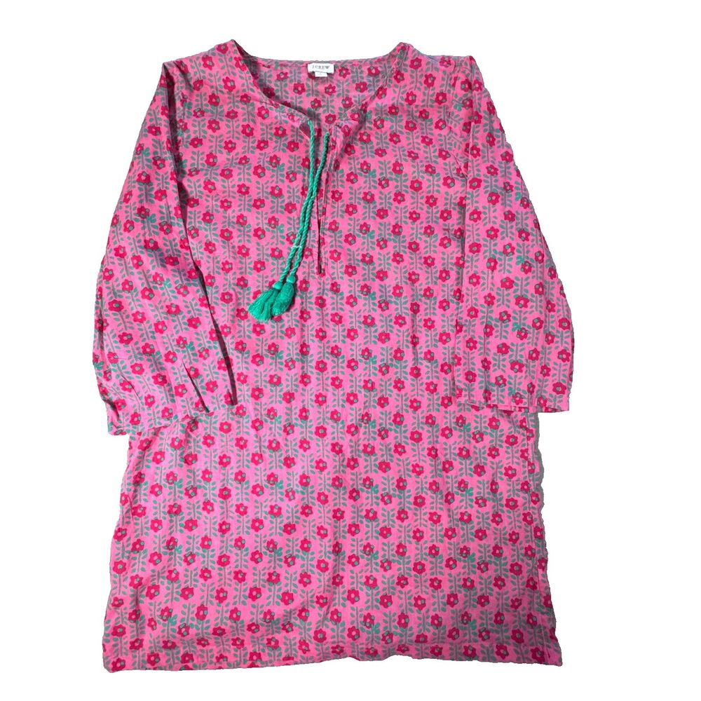 J.Crew Floral Tunic Dress Womens Large Pink Green Tassel Tie Cotton Cover Up Res